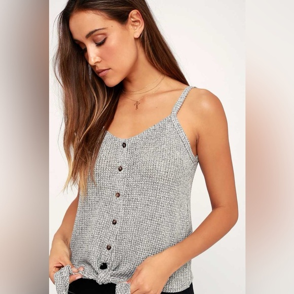 Lulu’s Payton Heather Grey Button-Up Tie-Front Tank Top - Sz M - Picture 2 of 9